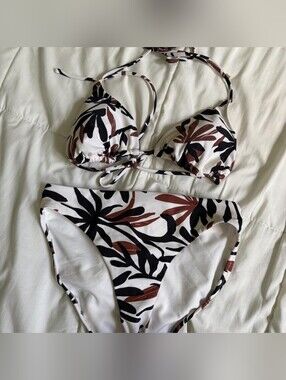 Shade & Shore White Bikini with Black and Brown Leaf Print